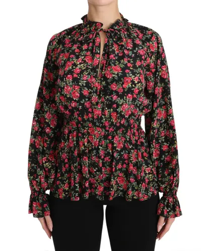 Dolce & Gabbana Womens Black Rose Print Floral Shirt Top Blouse - Red Silk