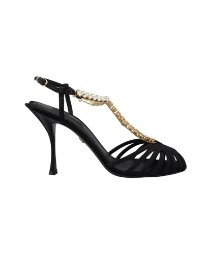 Dolce & Gabbana WoMens Black Satin Clear Crystal T-strap Sandal Shoes Silk