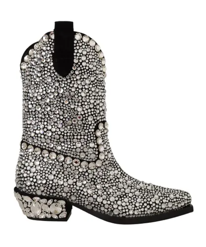 Dolce & Gabbana WoMens Black Suede Strass Crystal Cowgirl Boots Leather