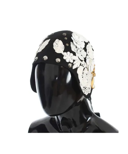 Dolce & Gabbana Womens Black Wool White Floral Gold Leaf Hat - Grey - One
