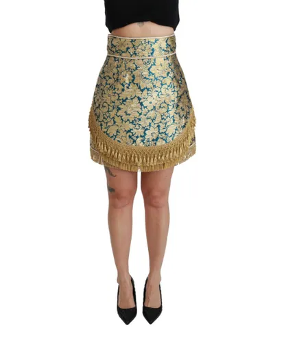 Dolce & Gabbana Womens Blue High Waist Jacquard Tassel Gold Skirt - Multicolour Cotton