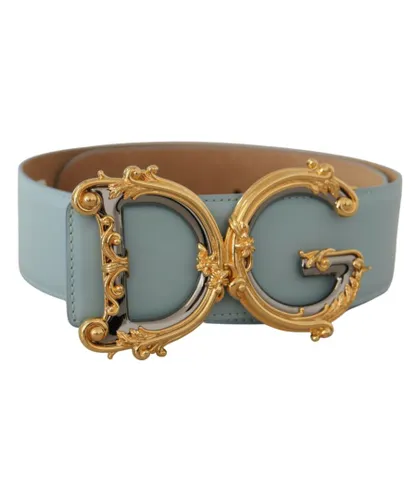 Dolce & Gabbana WoMens Blue Leather Wide Waist DG Logo Baroque Gold Buckle Belt