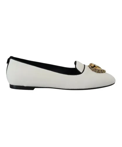 Dolce & Gabbana Womens Brand New Loafers with Gold Devotion Detail - White Cotton