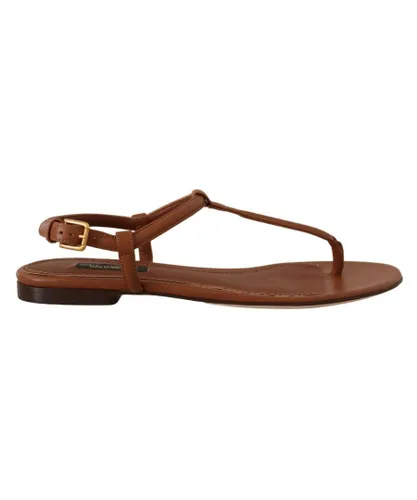 Dolce & Gabbana WoMens Brown Leather T-strap Slides Flats Sandals Shoes