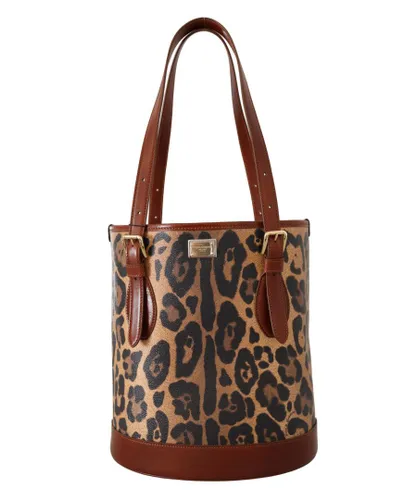 Dolce & Gabbana WoMens Brown Leopard Pattern Shopping Tote Hand Bucket Purse Leather - One Size
