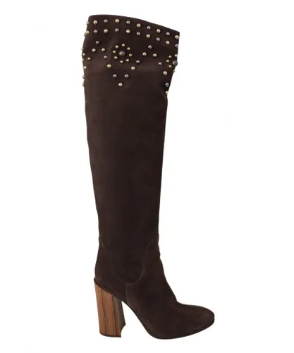Dolce & Gabbana WoMens Brown Suede Studded Knee High Shoes Boots Leather