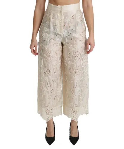 Dolce & Gabbana WoMens Cream Lace High Waist Palazzo Cropped Pants - Silver Cotton