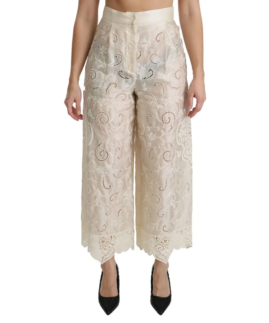 Dolce & Gabbana WoMens Cream Lace High Waist Palazzo Cropped Pants - Silver Cotton