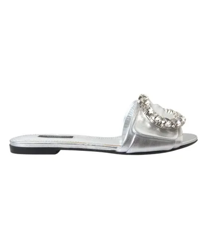 Dolce & Gabbana Womens Crystal Embellished Leather Slides - Silver