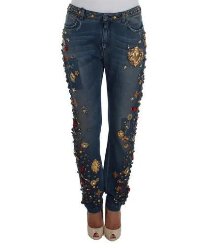 Dolce & Gabbana Womens Crystal Roses Heart Embellished Jeans - Grey Cotton