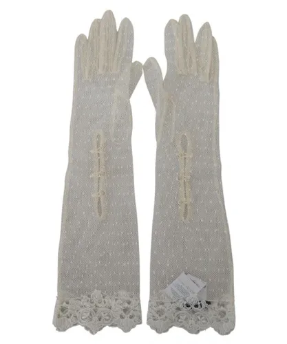 Dolce & Gabbana Womens Elbow Length Gloves with Logo Details - White Cotton