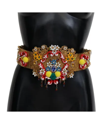 Dolce & Gabbana WoMens Embellished Floral Crystal Wide Waist Carretto Belt - Gold Nylon