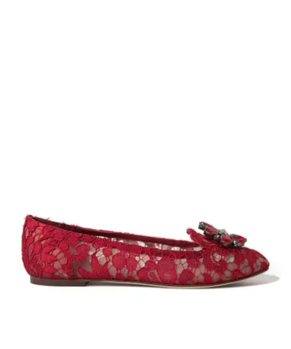 Dolce & Gabbana Womens Floral Lace Flat Shoes with Crystal Flower Embellishment - Red