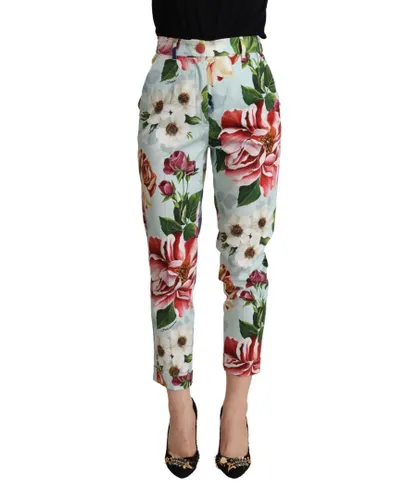 Dolce & Gabbana Womens Floral Print High Waisted Tapered Cropped Pants - Light Blue Cotton