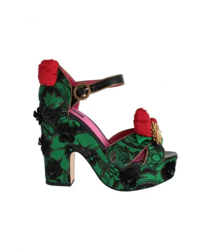 Dolce & Gabbana WoMens Green Brocade Snakeskin Roses Crystal Shoes Polyamide