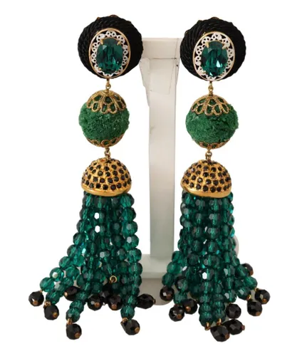 Dolce & Gabbana WoMens Green Crystals Gold Tone Drop Clip-on Dangle Earrings Viscose - One Size