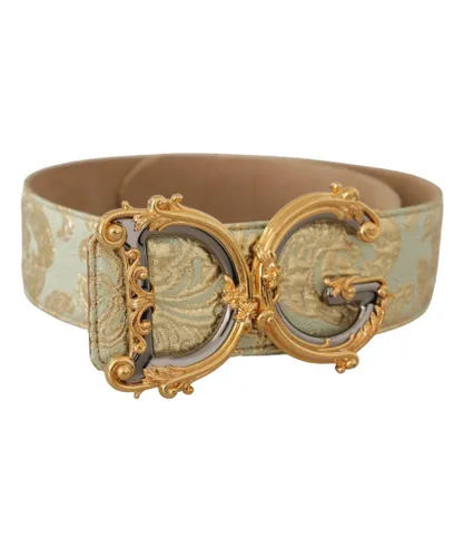 Dolce & Gabbana WoMens Green Wide Brocade Jacquard DG Logo Gold Buckle Belt Leather