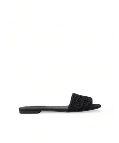 Dolce & Gabbana Womens Heart Embroidery Slide Sandals - Black