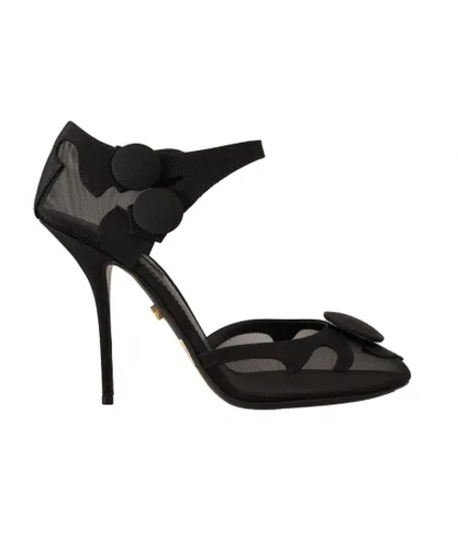 Dolce & Gabbana Womens Mesh Ankle Strap Pumps with Stiletto Heels - Black Leather
