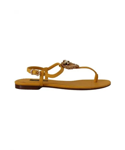 Dolce & Gabbana WoMens Mustard Leather Devotion Flats Sandals Shoes - Yellow