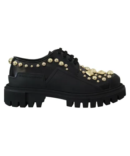 Dolce & Gabbana Womens Polished Leather Trekking Derby with Gold Stud Pattern - Black
