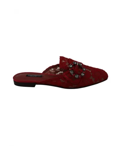Dolce & Gabbana WoMens Red Lace Crystal Slide On Flats Shoes Rayon