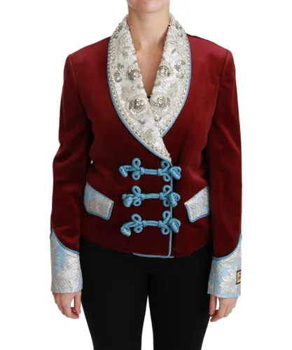 Dolce & Gabbana Womens Red Velvet Baroque Crystal Blazer Jacket - Multicolour Cotton