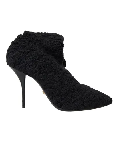 Dolce & Gabbana Womens Virgin Wool Mid Calf Boots with Logo Details - Black