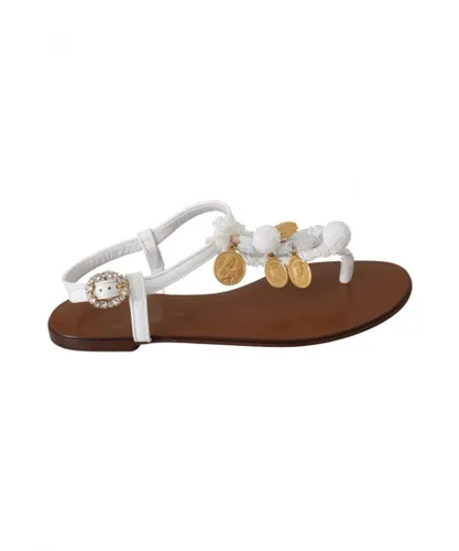 Dolce & Gabbana WoMens White Leather Coins Flip Flops Sandals Shoes