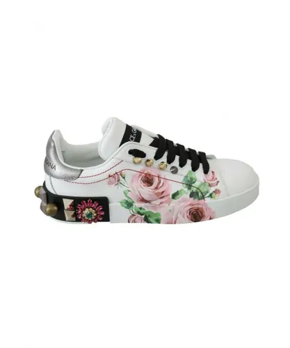 Dolce & Gabbana WoMens White Leather Crystal Roses Floral Sneakers Shoes