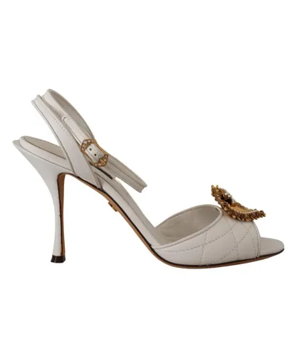 Dolce & Gabbana WoMens White Leather Gold DEVOTION Sandals Heels Shoes - Black Atanado Veg Leather