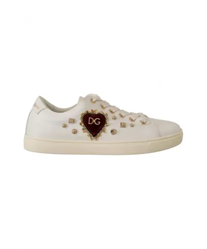 Dolce & Gabbana WoMens White Leather Gold Red Heart Sneakers Shoes