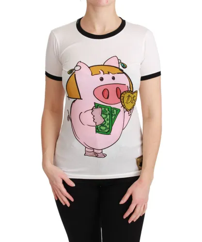 Dolce & Gabbana WoMens White YEAR OF THE PIG Top Cotton T-shirt - Multicolour