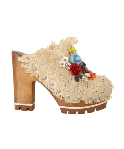 Dolce & Gabbana Womens Wood and Raffia Slip-On Mules with Silver Studs and Crystals - Beige