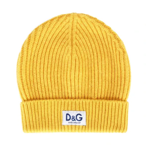 Dolce & Gabbana , Yellow Logo Patch Ribbed Beanie ,Yellow male, Sizes: ONE