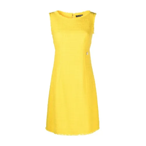 Dolce & Gabbana , Yellow Tweed Frayed Edge Dress ,Yellow female, Sizes: