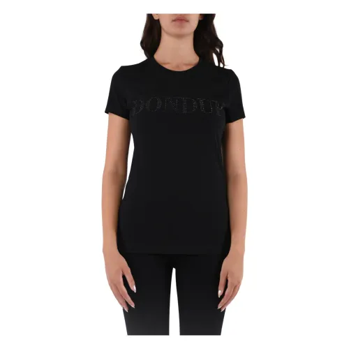 Dondup , Cotton Jersey T-Shirt with Rhinestone Logo ,Black female, Sizes: