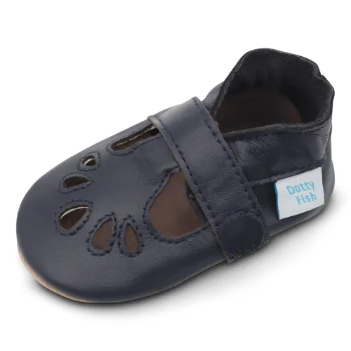 Dotty Fish Soft Leather Baby Shoes. Classic Navy Blue T-Bar