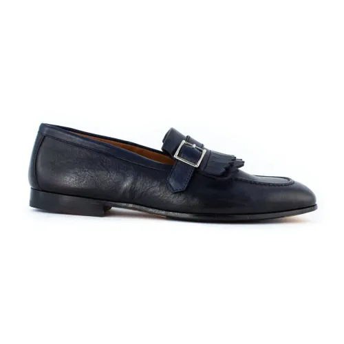 Doucal's , Blue Leather Loafer with Buckle and Fringes ,Blue male, Sizes: