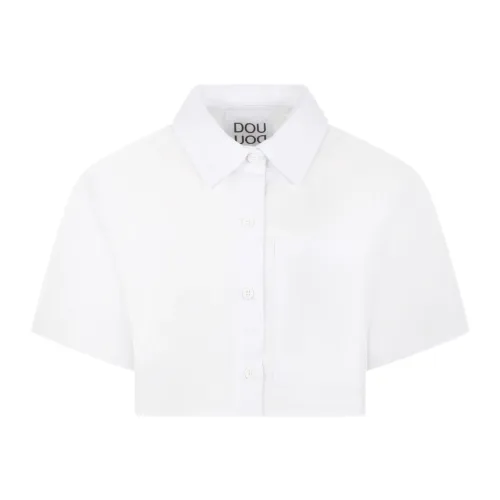 Douuod Woman , White Cropped Cotton Shirt with Short Sleeves ,White unisex, Sizes: