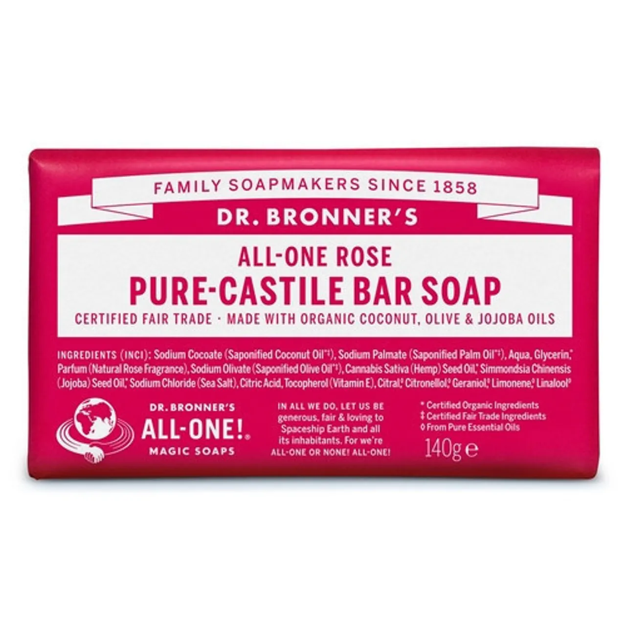 Dr. Bronner's Rose Pure-Castile Bar Soap 140g