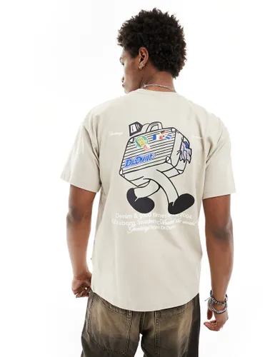 Dr Denim Trooper American 90's cut relaxed fit t-shirt with 'world traveller' graphic back print in pale taupe-Neutral