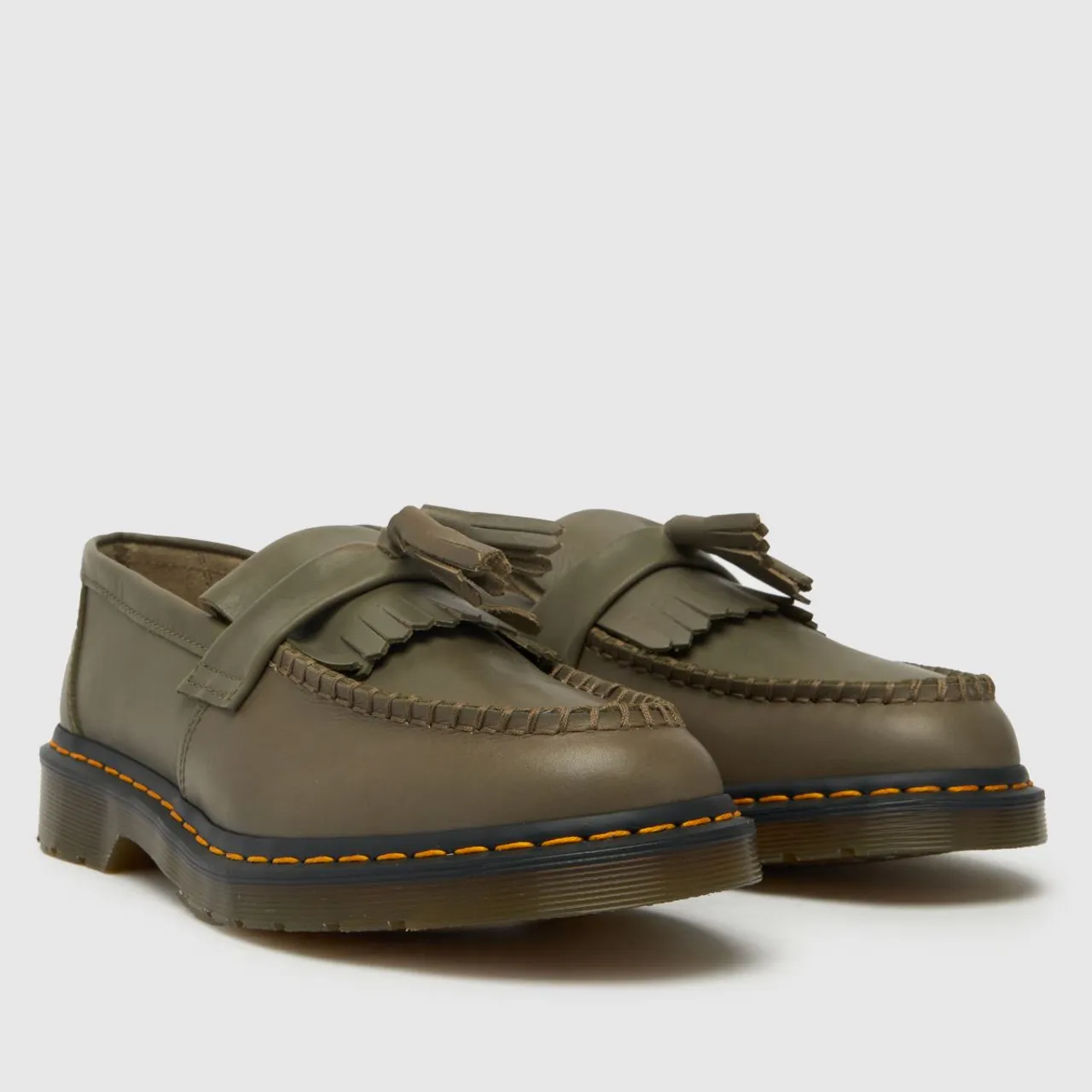 Dr Martens Adrian Yellow Stitch Loafer Shoes In Khaki