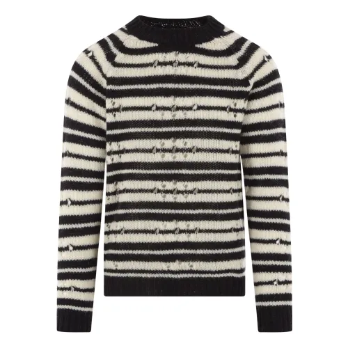 Dries Van Noten , Striped Black and Ivory Wool Sweater with Perforated Details ,Black male, Sizes: