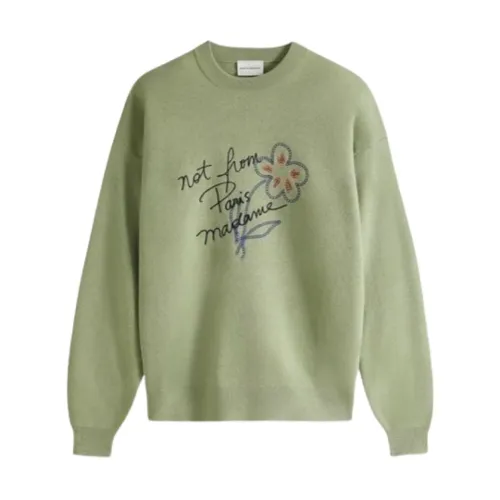 Drole de Monsieur , Handwritten Embroidered Knit Sweater ,Green female, Sizes: