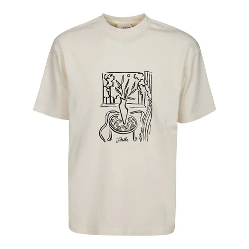 Drole de Monsieur , White Cotton T-Shirt with Print ,Beige male, Sizes: