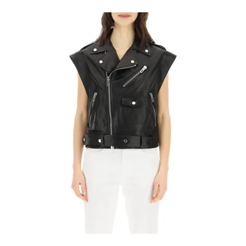 Drome , leather sleeveless biker jacket ,Black female, Sizes: