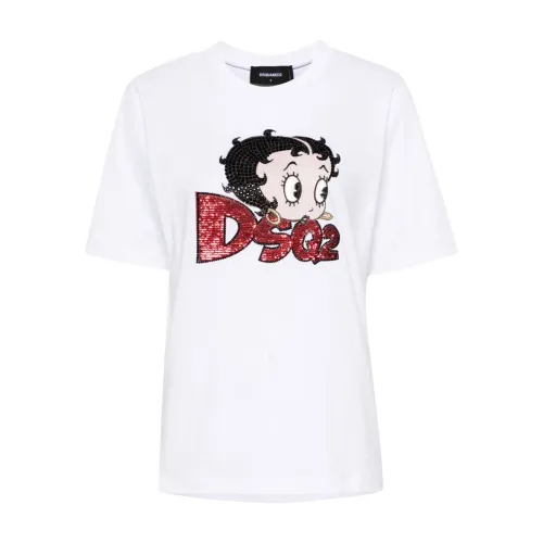 Dsquared2 , Cartoon Print Sequin T-shirts and Polos ,White female, Sizes: