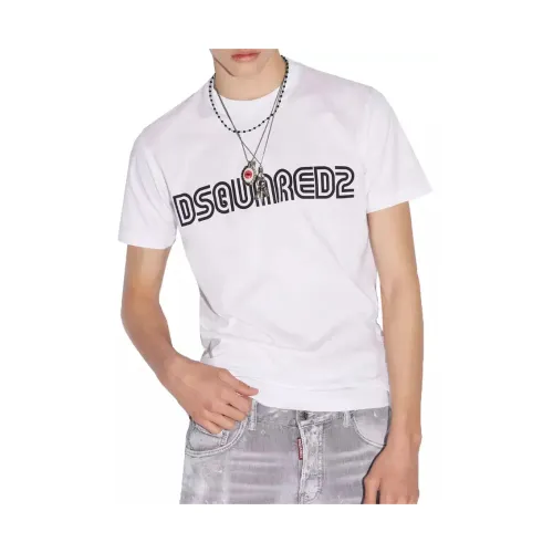 Dsquared2 , Contrasting Logo Print Crew Neck T-Shirt ,White male, Sizes: