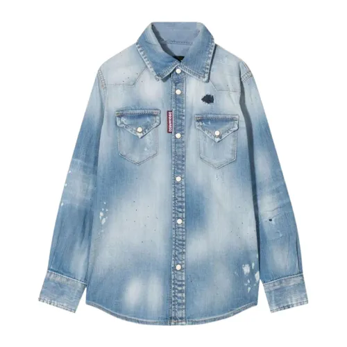 Dsquared2 , Denim Kids Shirt with Red Brand Detail ,Blue male, Sizes: